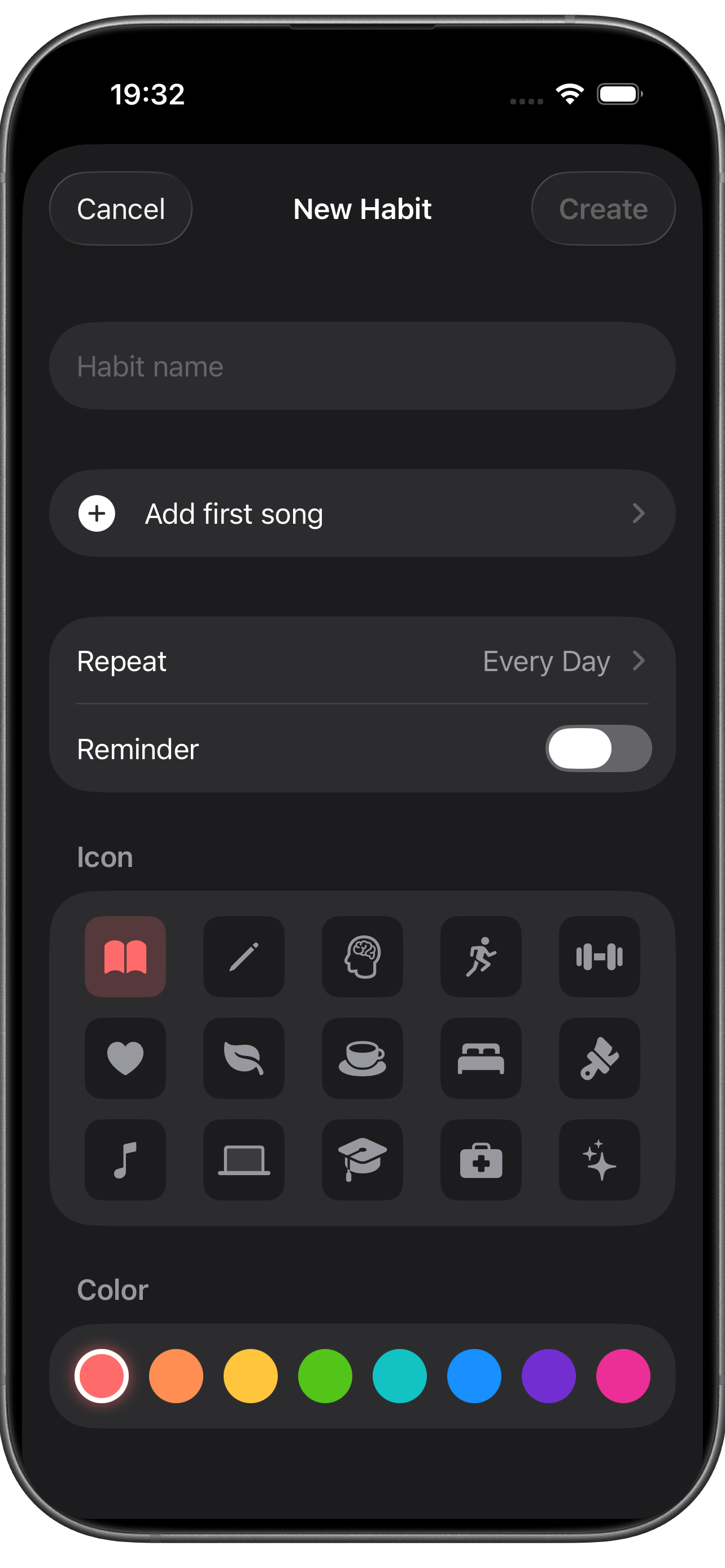 Creating a new habit — name, schedule, icon and color